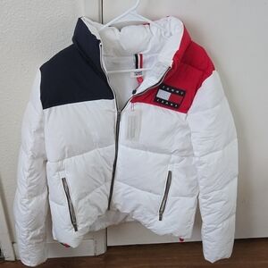Tommy Hilfiger Red and White Puffer Jacket Winter Essential